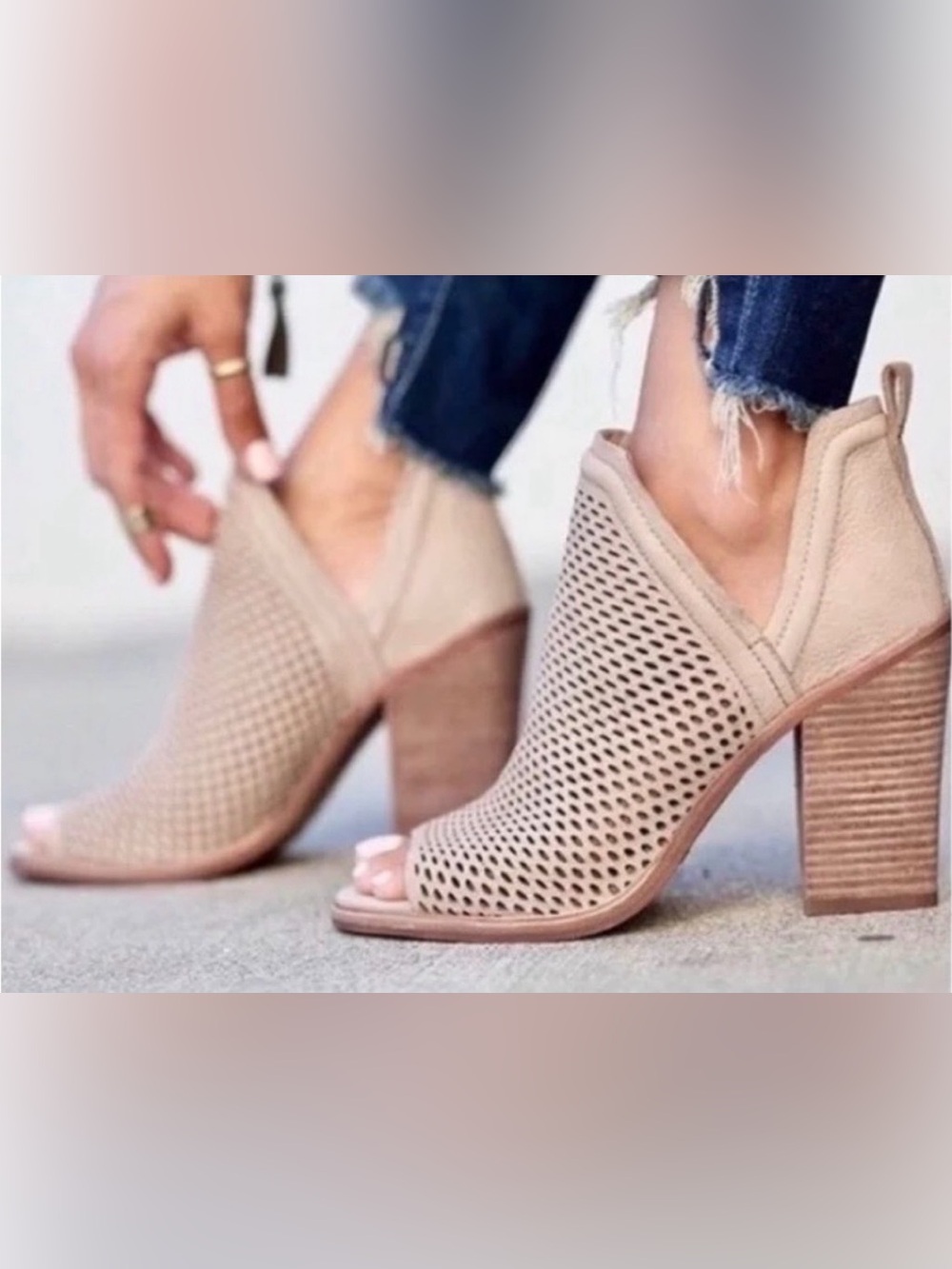 Vince Camuto Kensa Blush Beige Perforated Peep-Toe Block Heel Mules